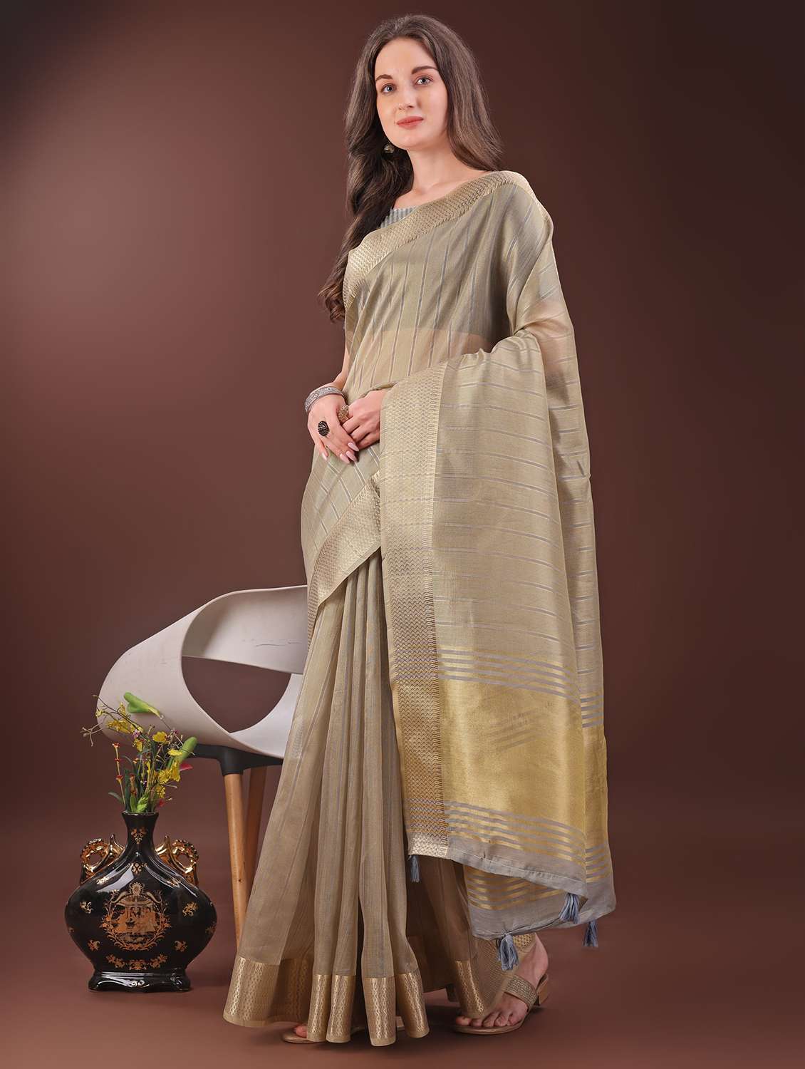 women striped bordered saree with blouse - 21969855 -  Standard Image - 2