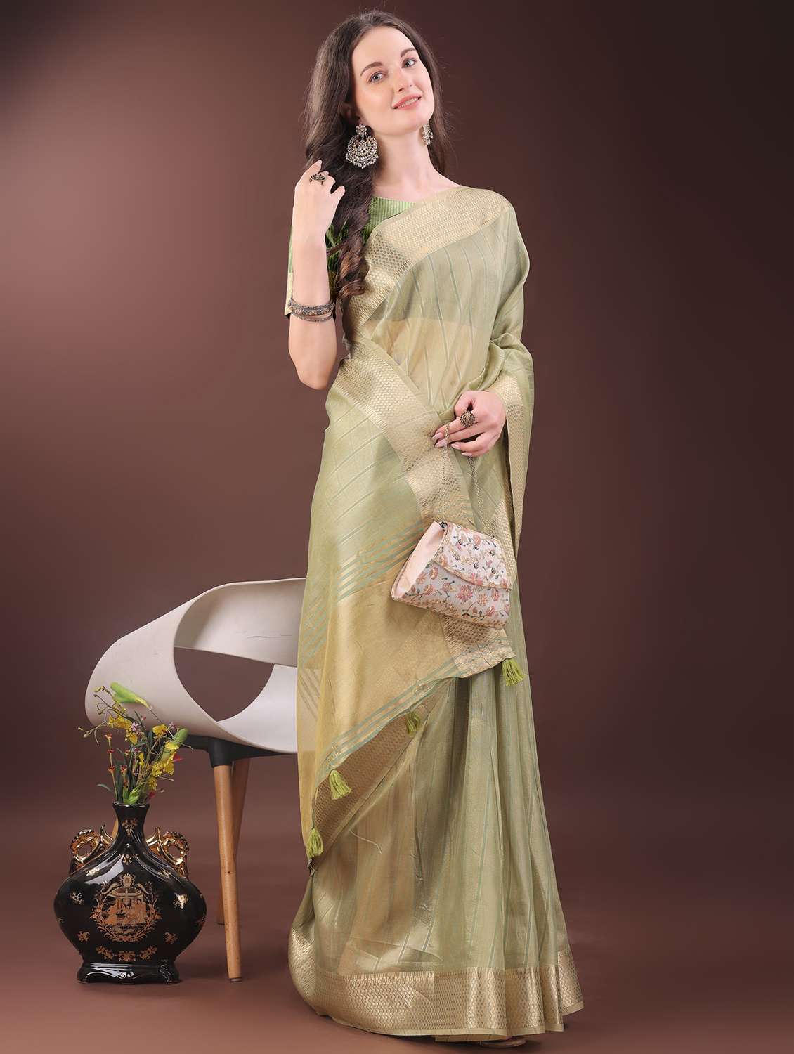 women striped bordered saree with blouse - 21969857 -  Standard Image - 2