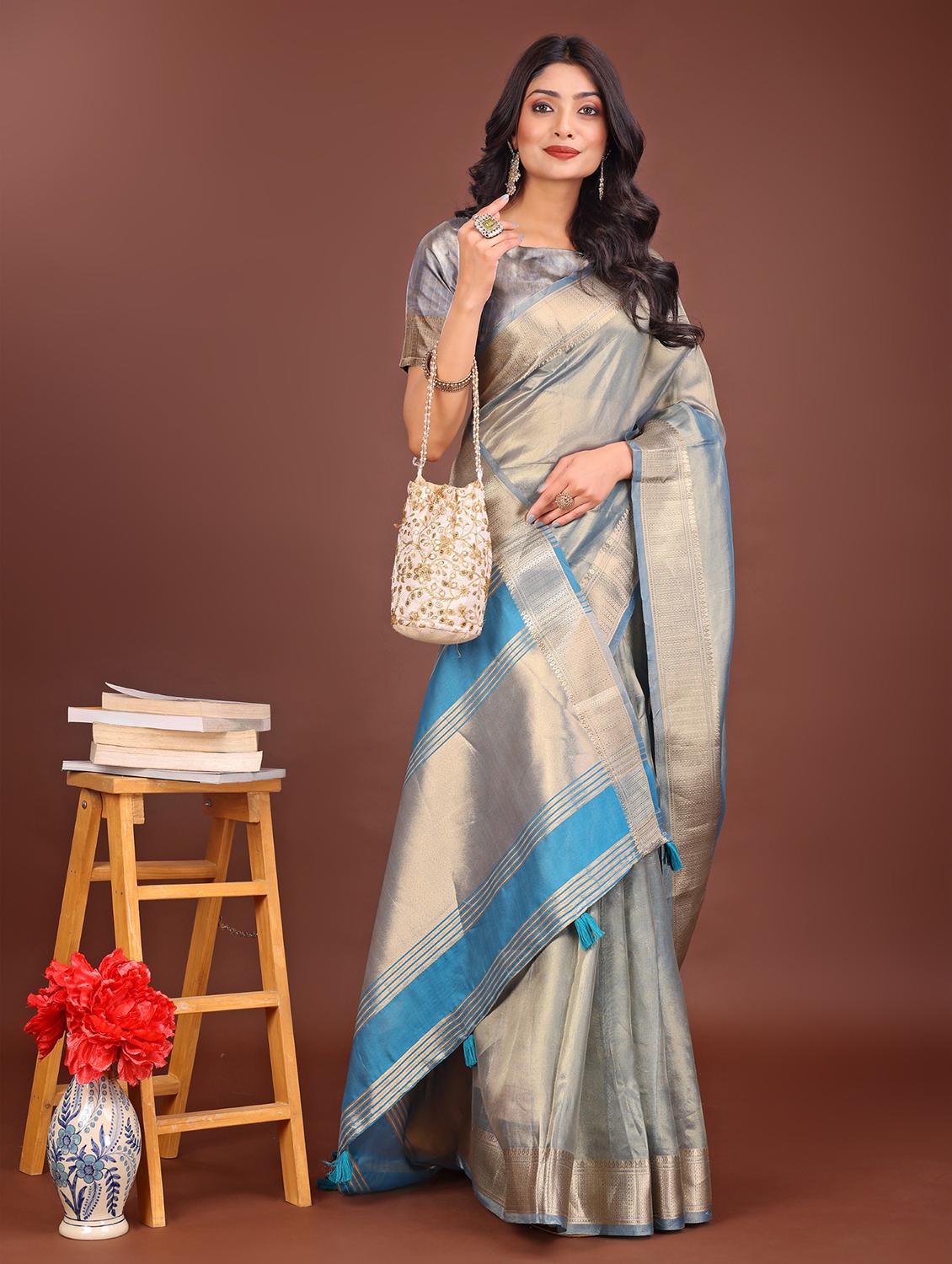 women solid with bordered saree with blouse - 21969865 - Standard Image - 2