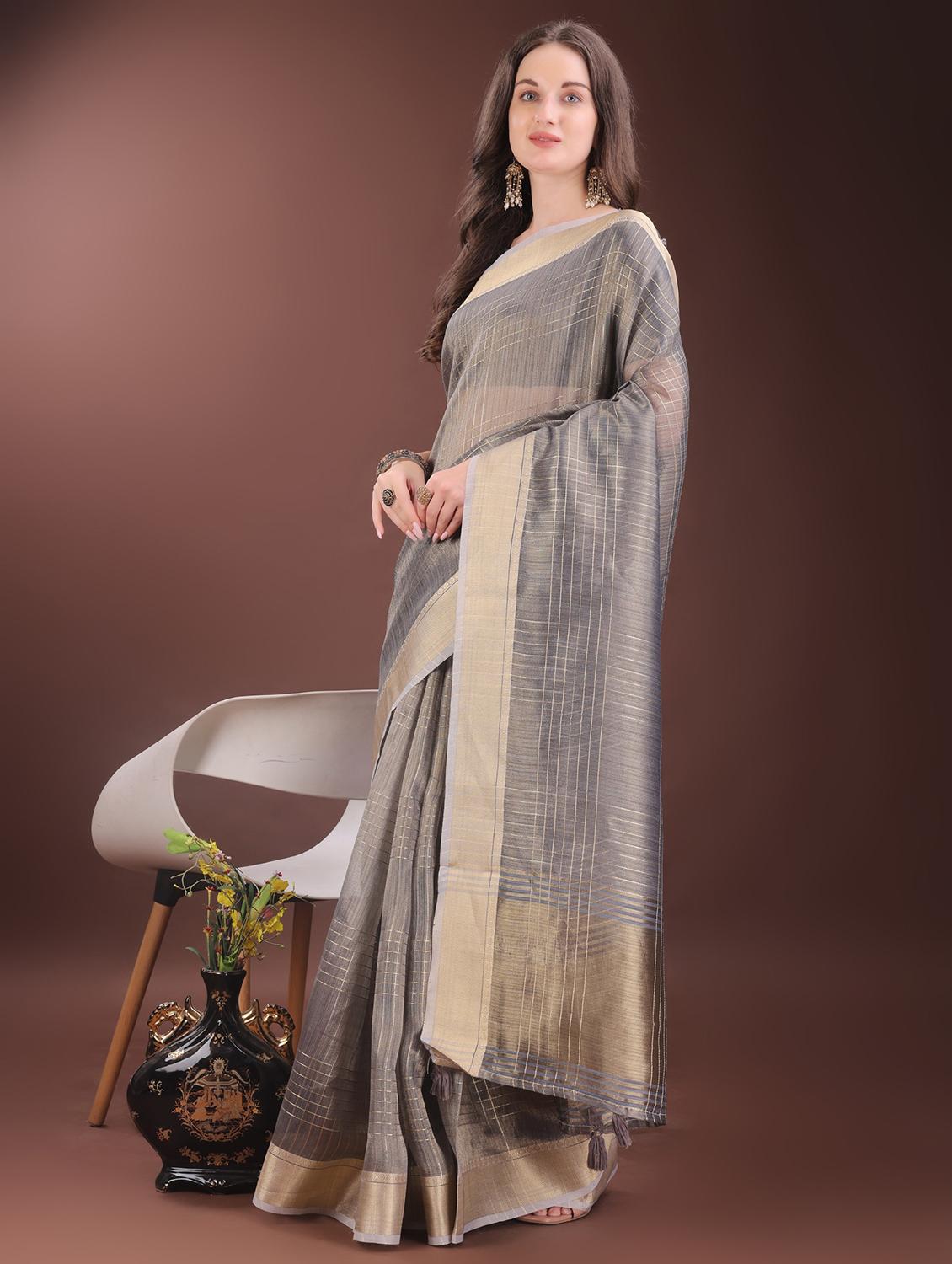 women solid with bordered saree with blouse - 21969902 - Standard Image - 2