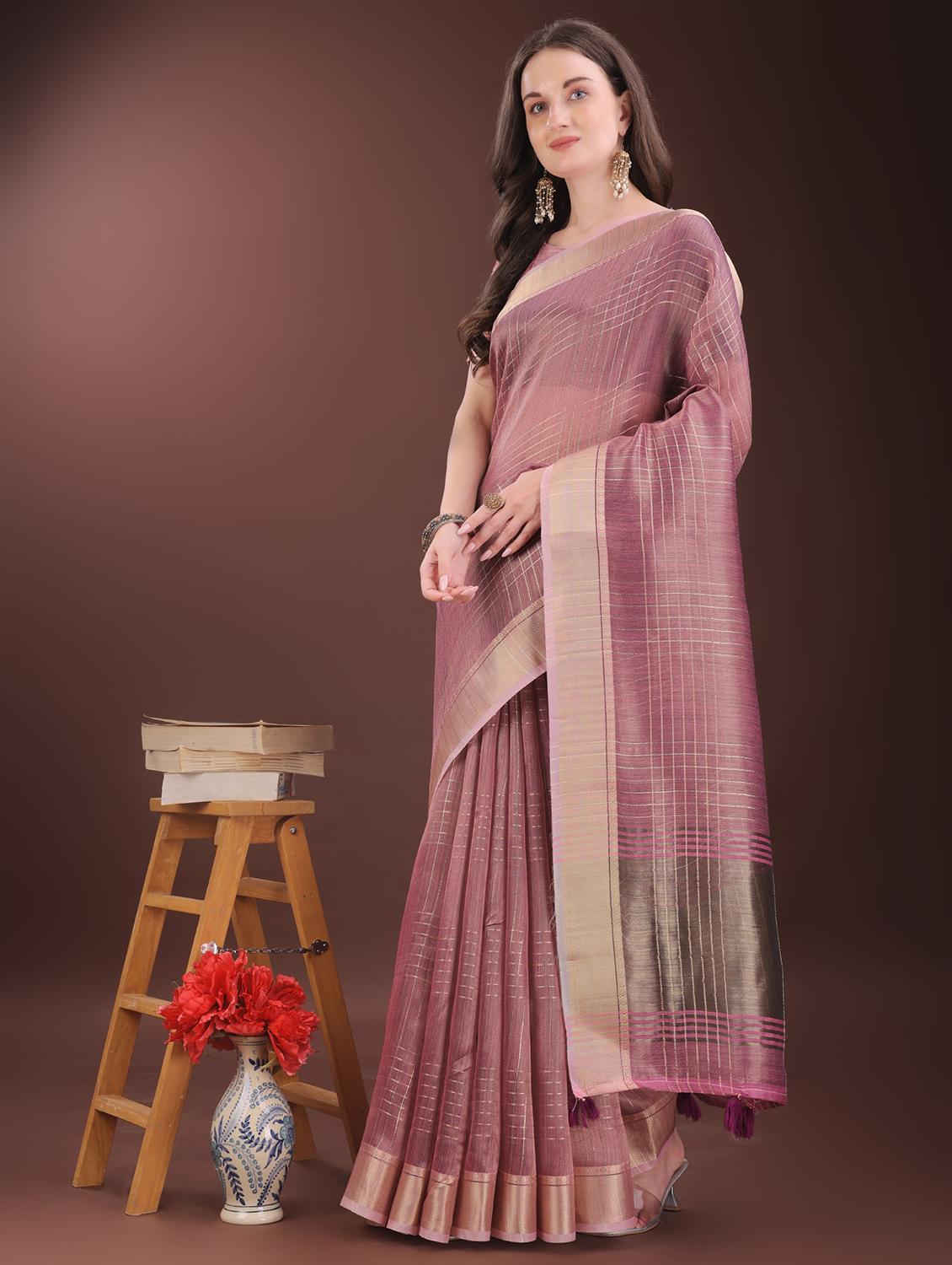 women checkered bordered saree with blouse - 21969905 - Standard Image - 2