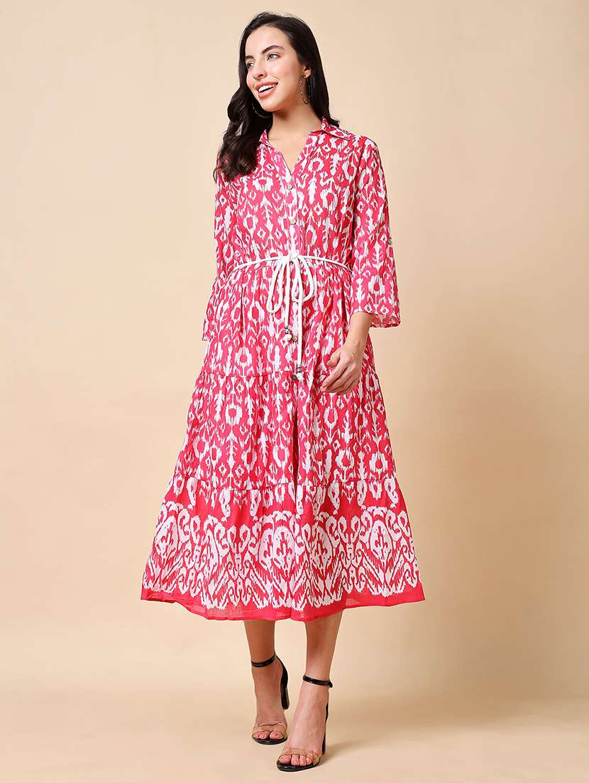 women printed collared tiered midi dress