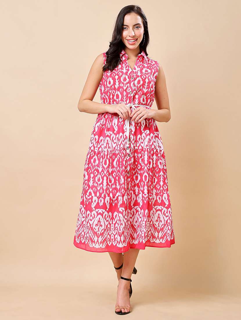 women printed collared sleeveless tiered dress