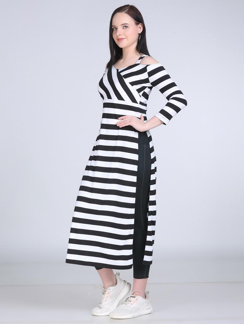 women striped cold shouder long top - 21970024 - Standard Image - 2
