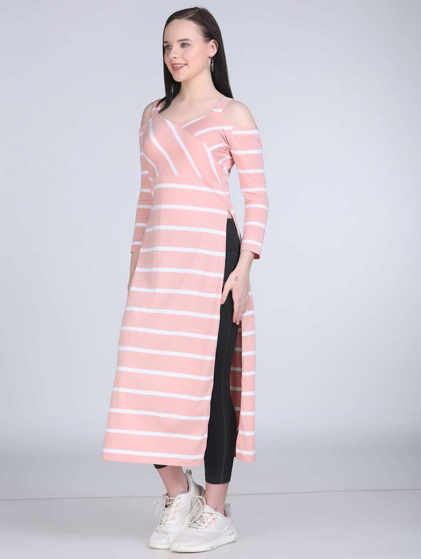 women striped cold shouder long top - 21970025 -  Standard Image - 2