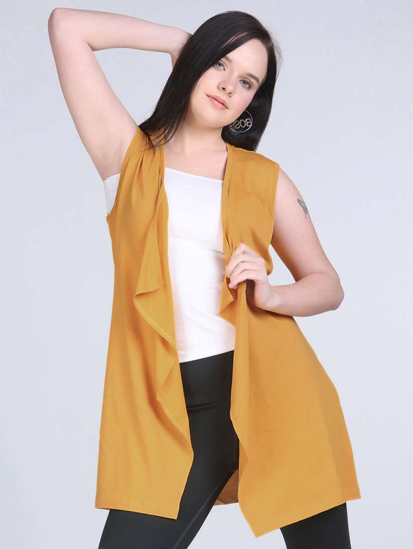 women mustard solid sleeveless regular shrug