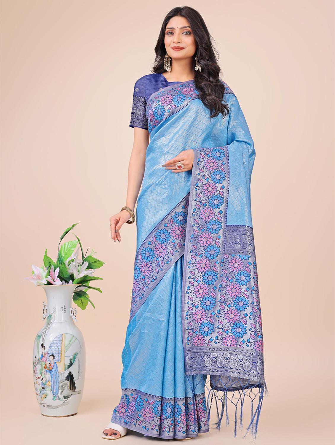 women checkered bordered saree with blouse - 21970116 -  Zoom Image - 0