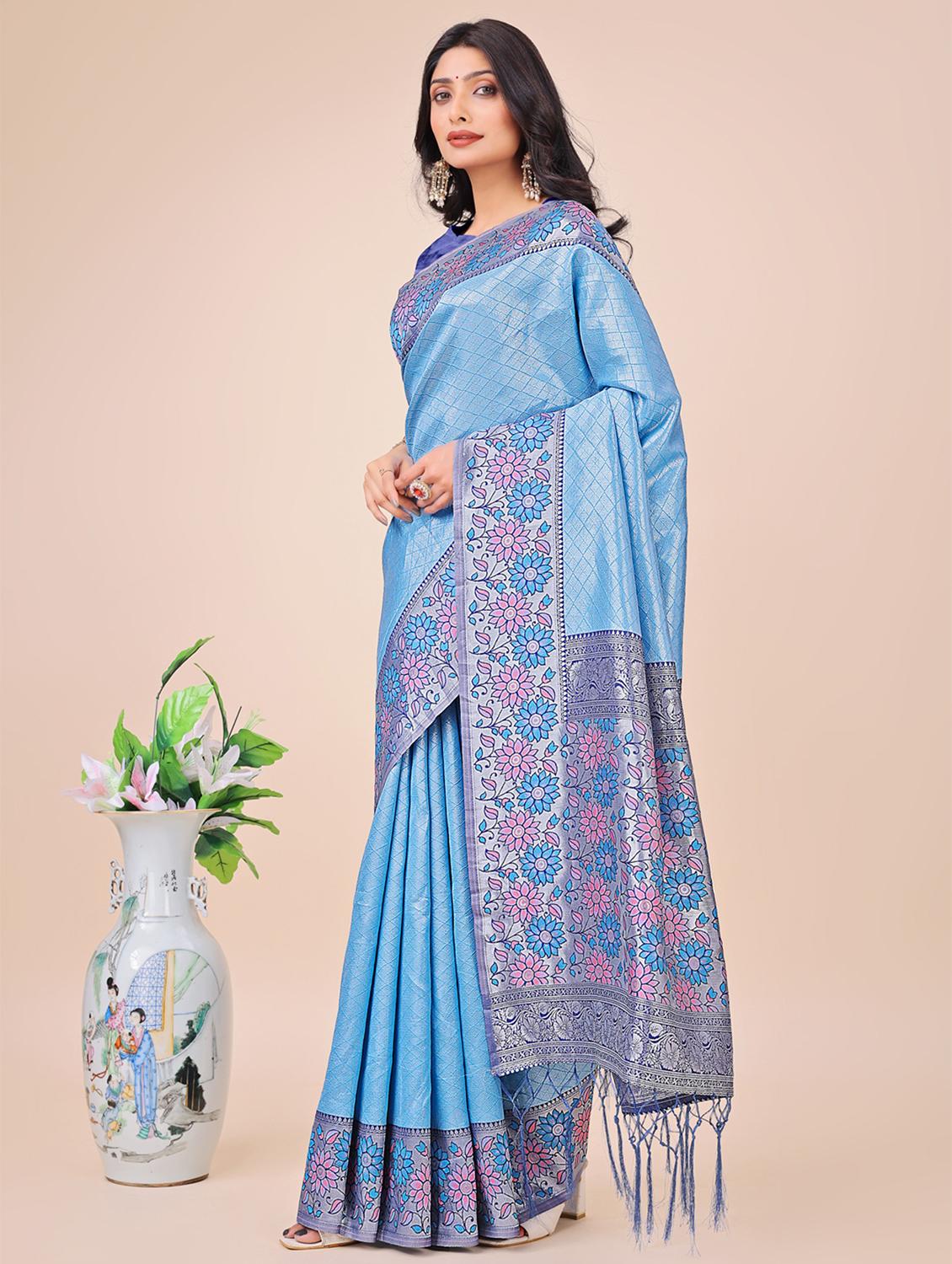 women checkered bordered saree with blouse - 21970116 - Standard Image - 2