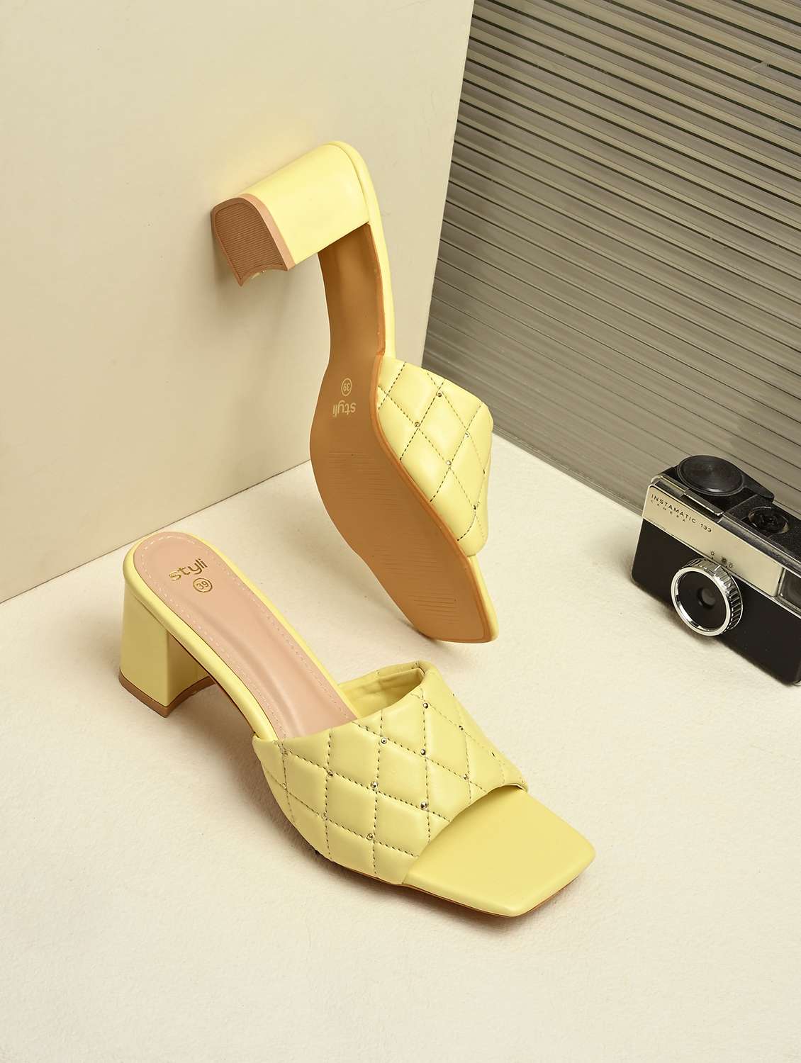 women yellow solid slip on block heel 