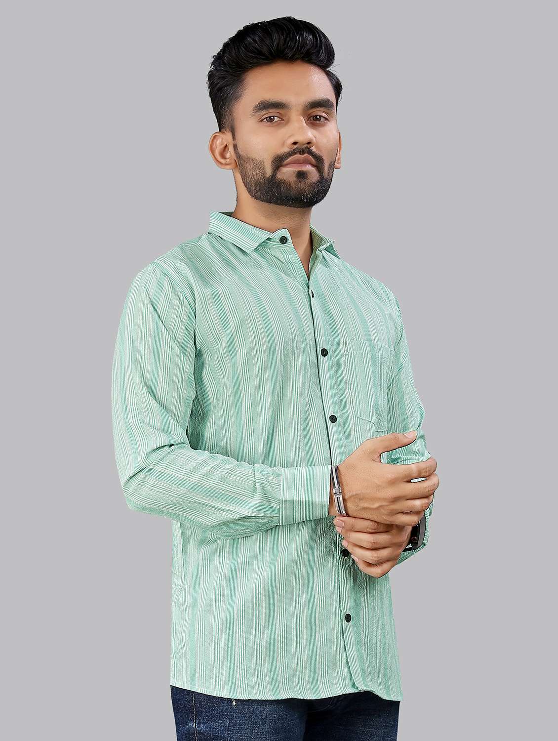 green cotton lycra casual shirt - 21970886 - Standard Image - 2