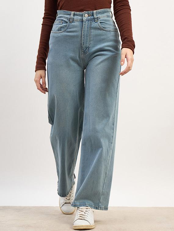 women solid high rise wide leg jean