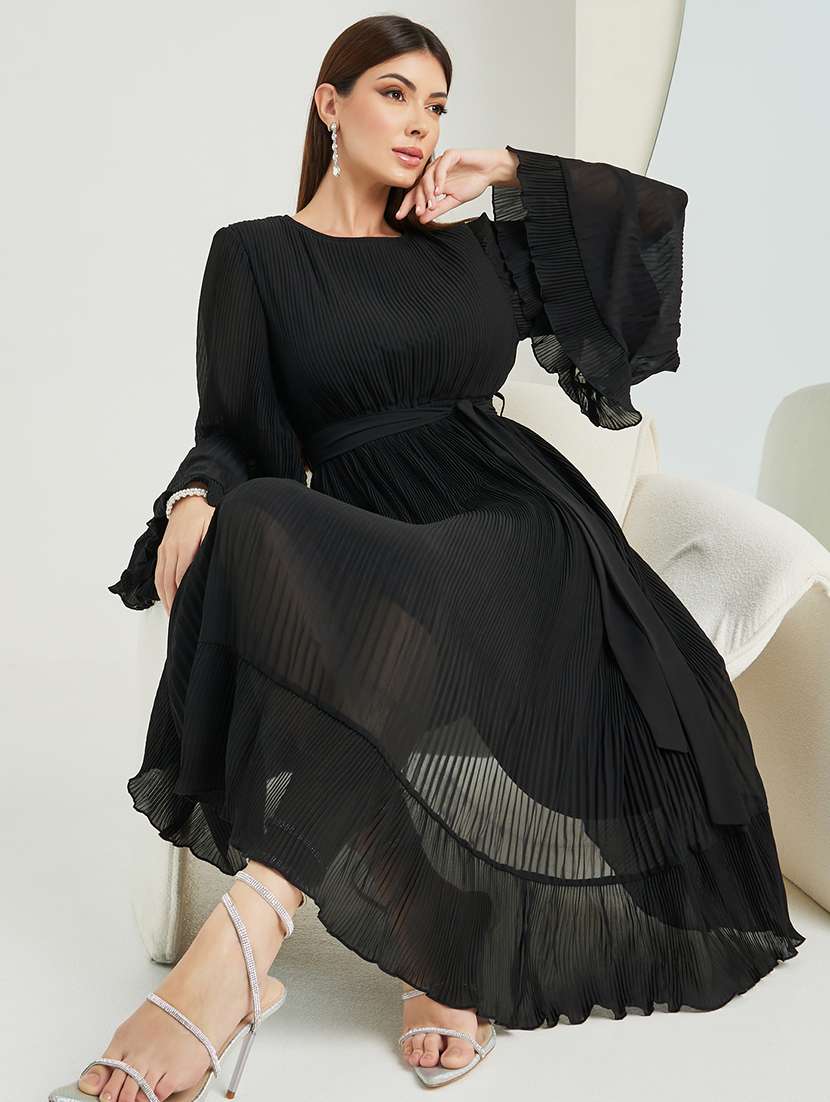 women solid bell sleeve fit & flare dress - 21971054 -  Standard Image - 2