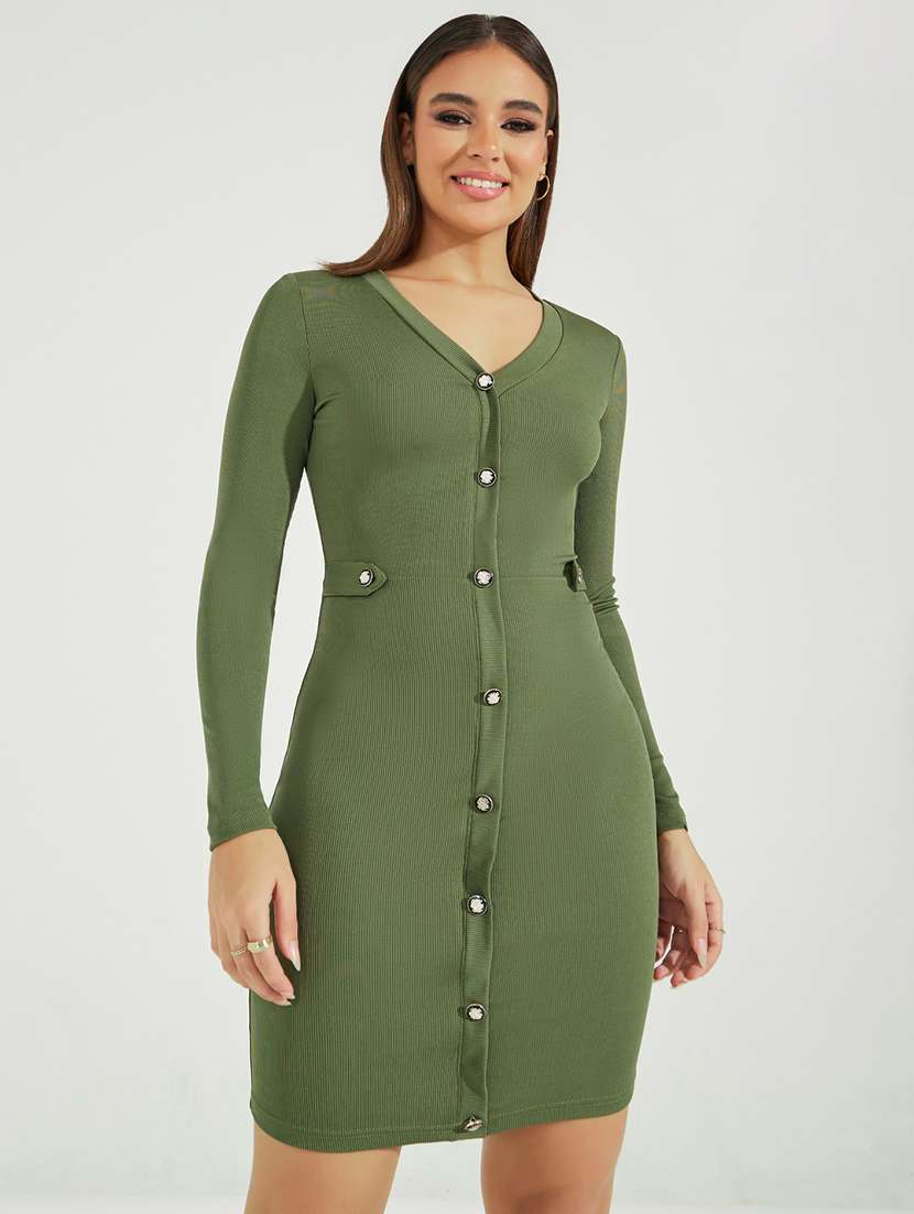women solid long sleeve bodycon dress