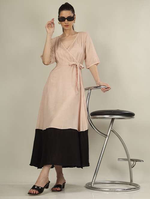 women color blocked overlap neck fit & flare dress - 21971077 - Standard Image - 0