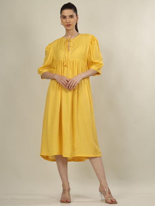 women yellow solid puff sleeve fit & flare dress - 21971078 - Standard Image - 0