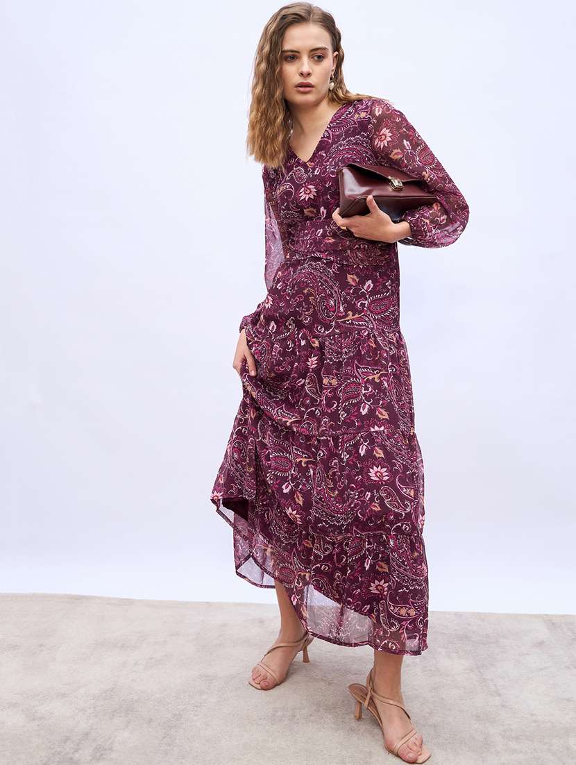 women printed puff sleeve fit & flare dress