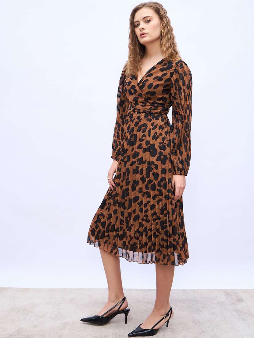 Women Animal Printed Puff Sleeve A Line Dress