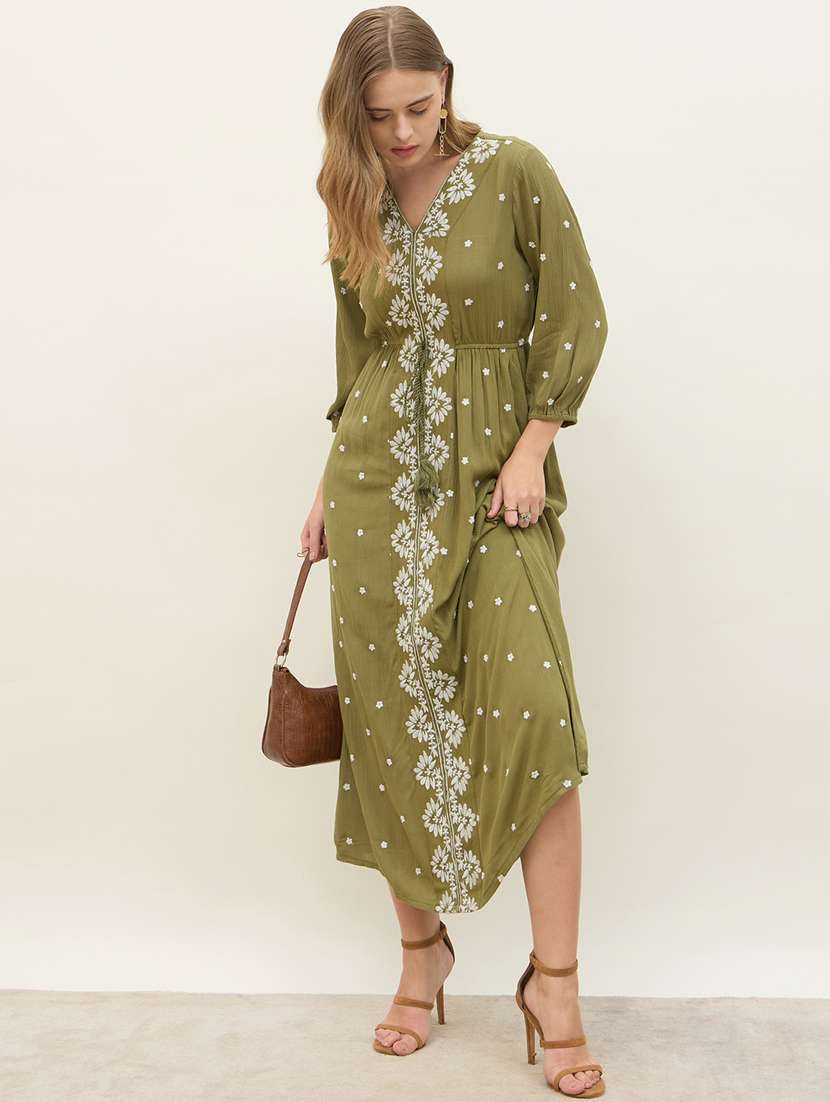 women embroidered long sleeve a-line dress