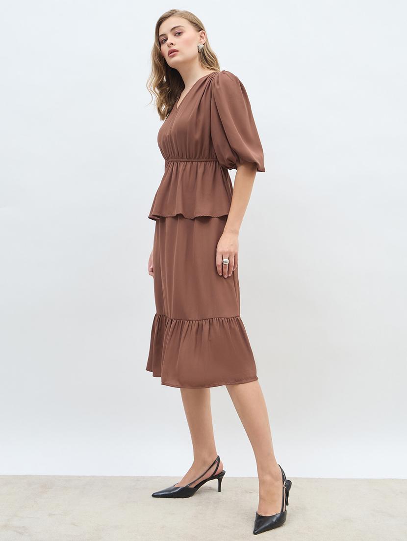 women solid puff sleeve tiered dress - 21971140 - Standard Image - 2