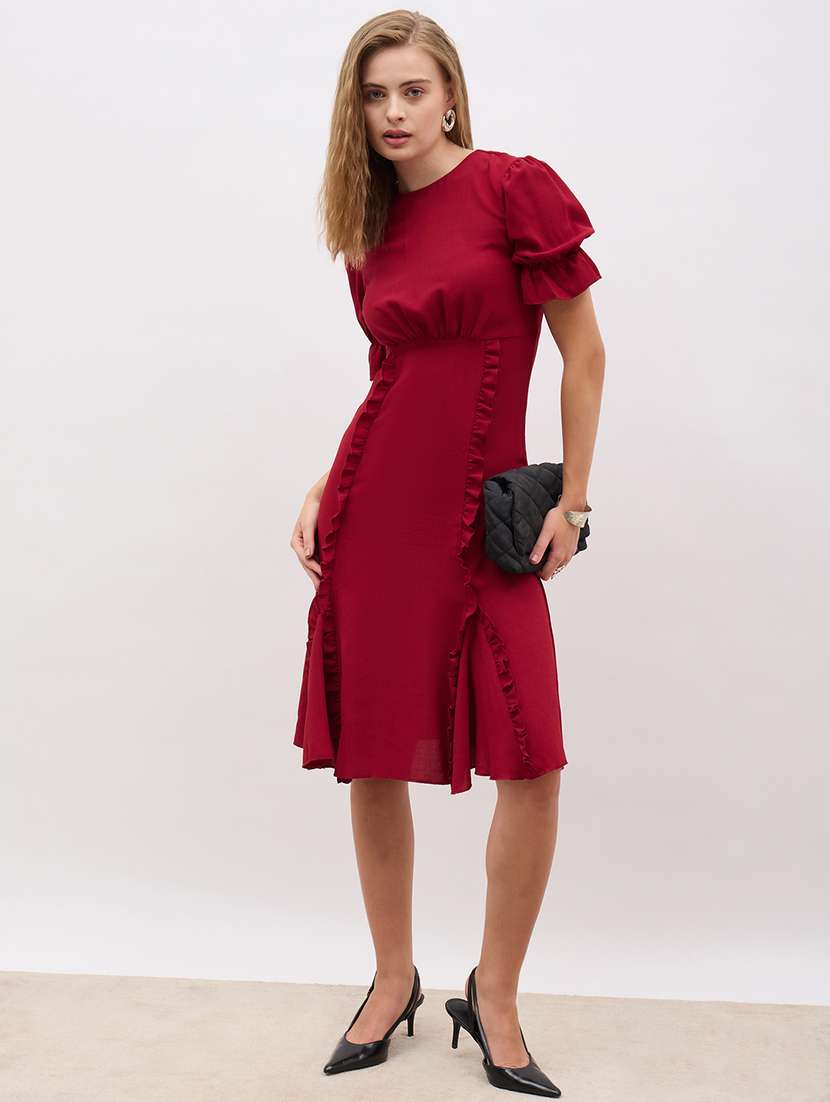 women maroon solid puff sleeve a-line dress