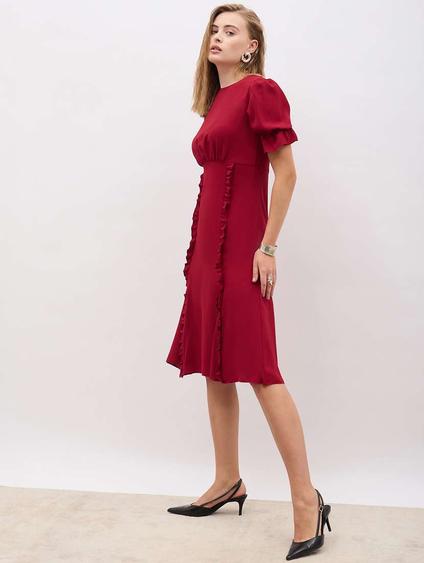 women maroon solid puff sleeve a-line dress - 21971147 -  Standard Image - 2