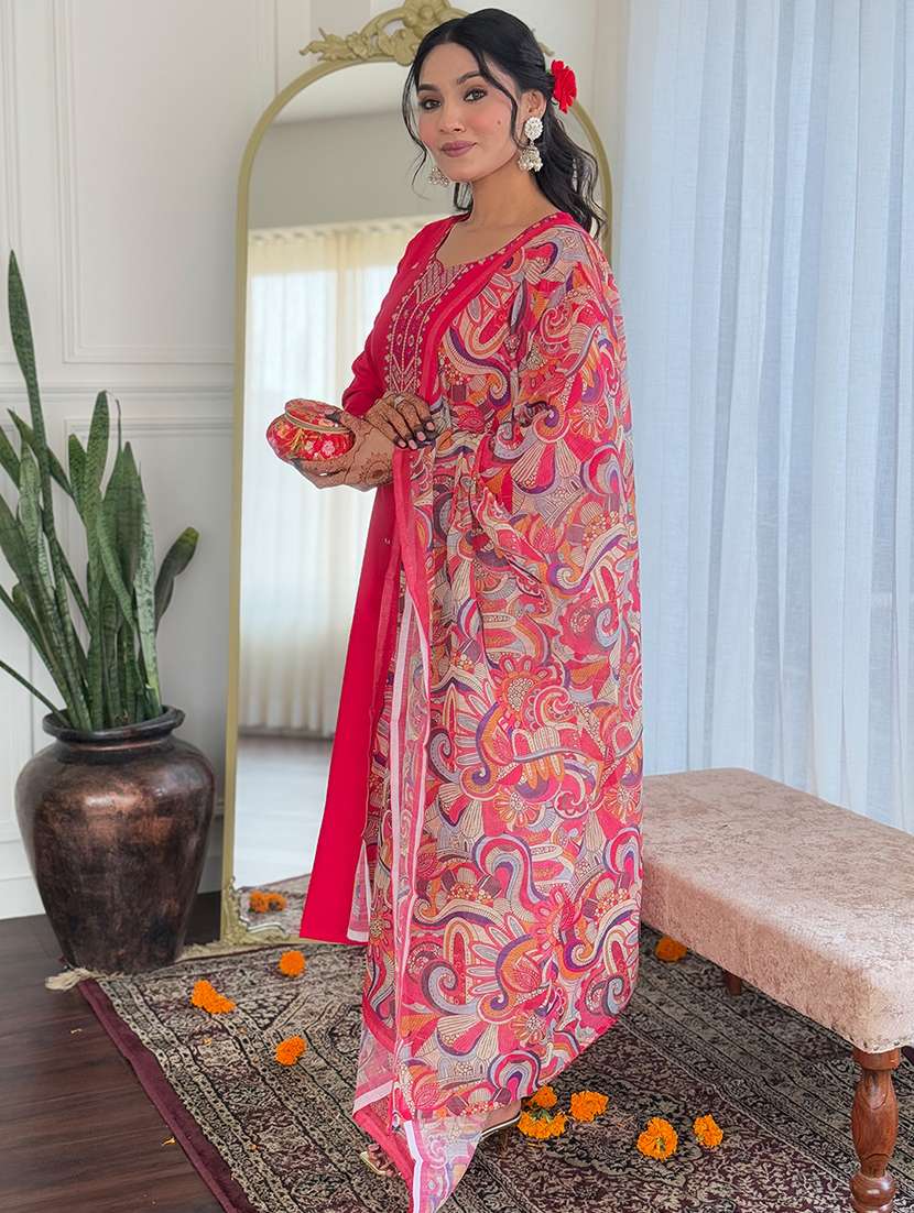 women solid with work long sleeve kurta pant with dupatta set - 21971158 -  Standard Image - 2