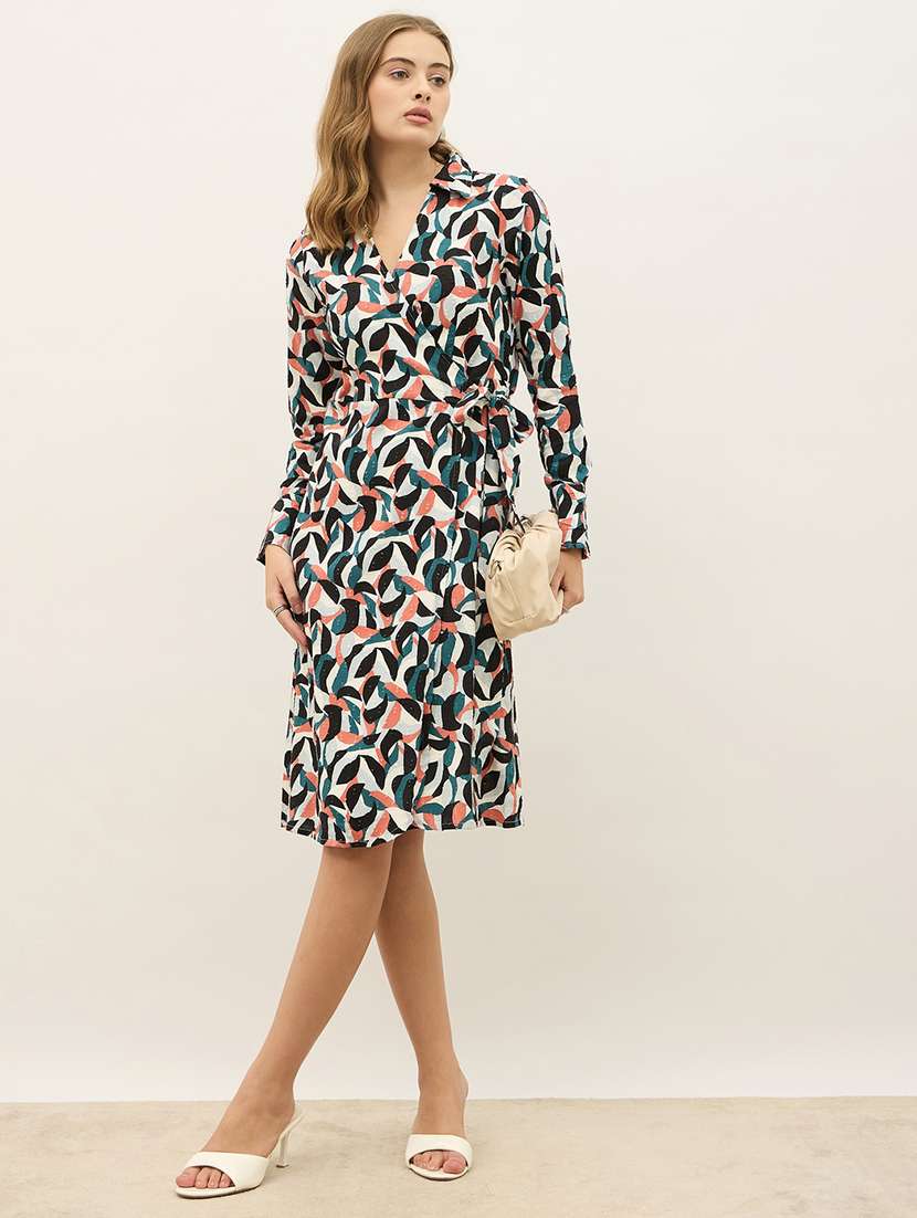 women printed collared puff sleeve a-line dress