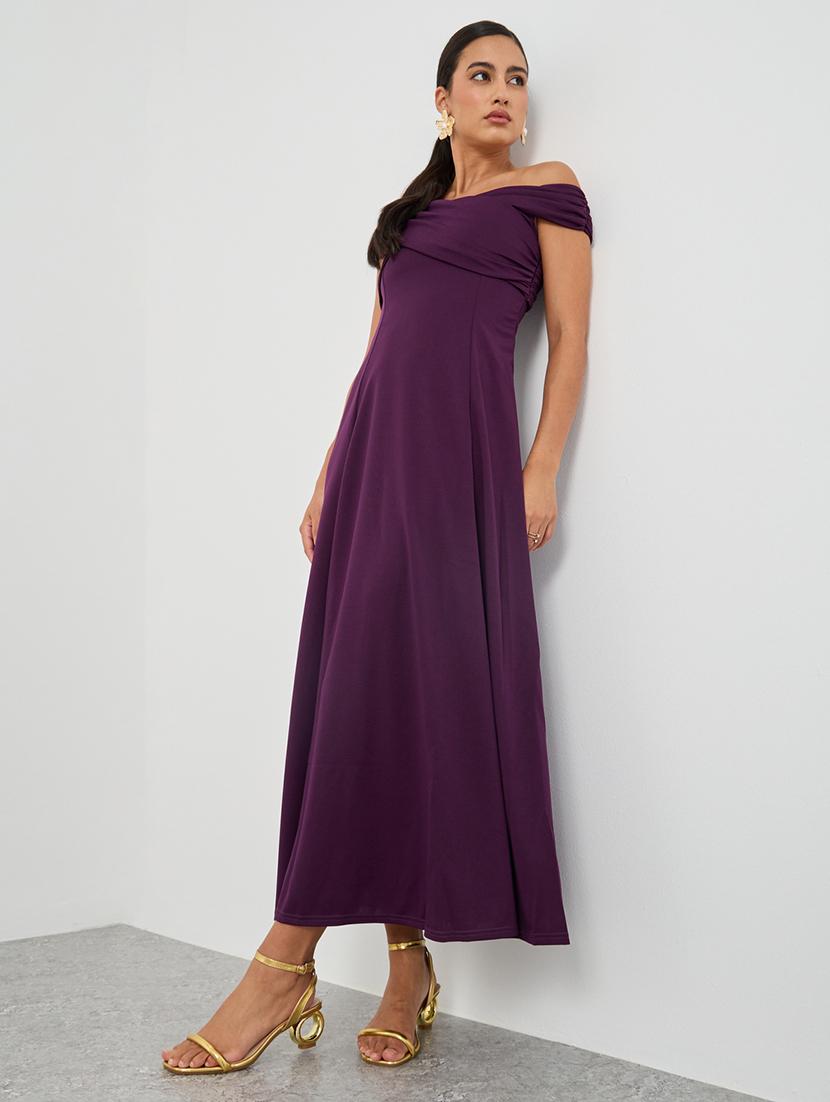 women solid off shoulder fit and flare dress - 21971190 - Standard Image - 2