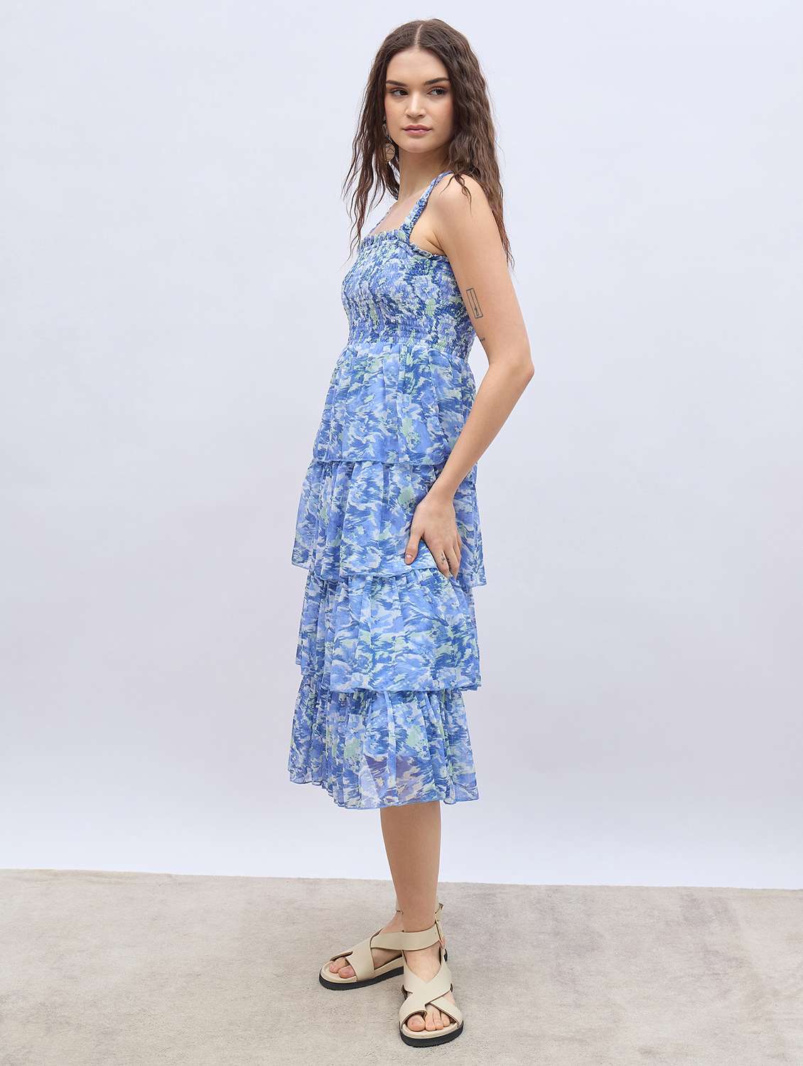 women printed shoulder strap layered dress - 21971191 -  Standard Image - 2