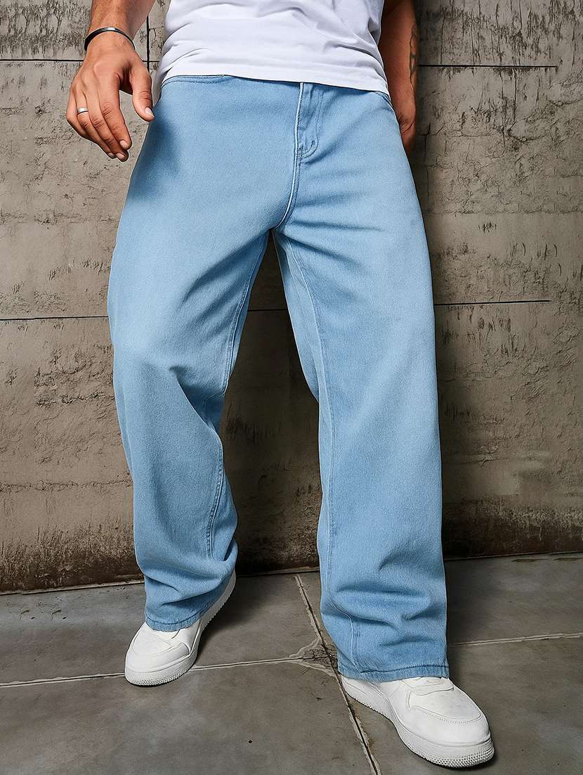 men plain mid rise full length baggy jeans