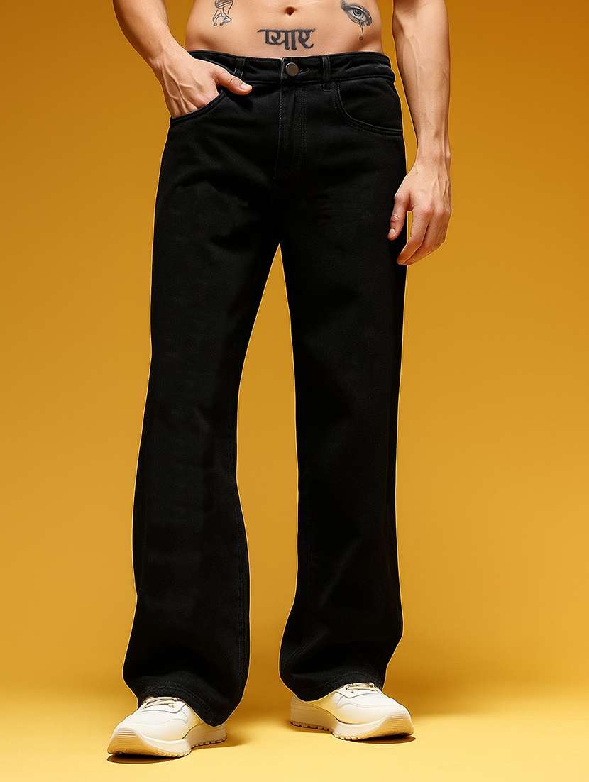 men plain mid rise full length baggy jeans