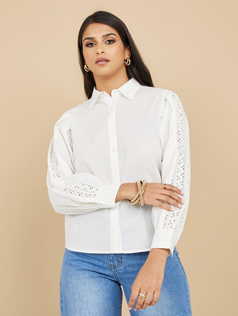 women white solid puff sleeve collared shirt
