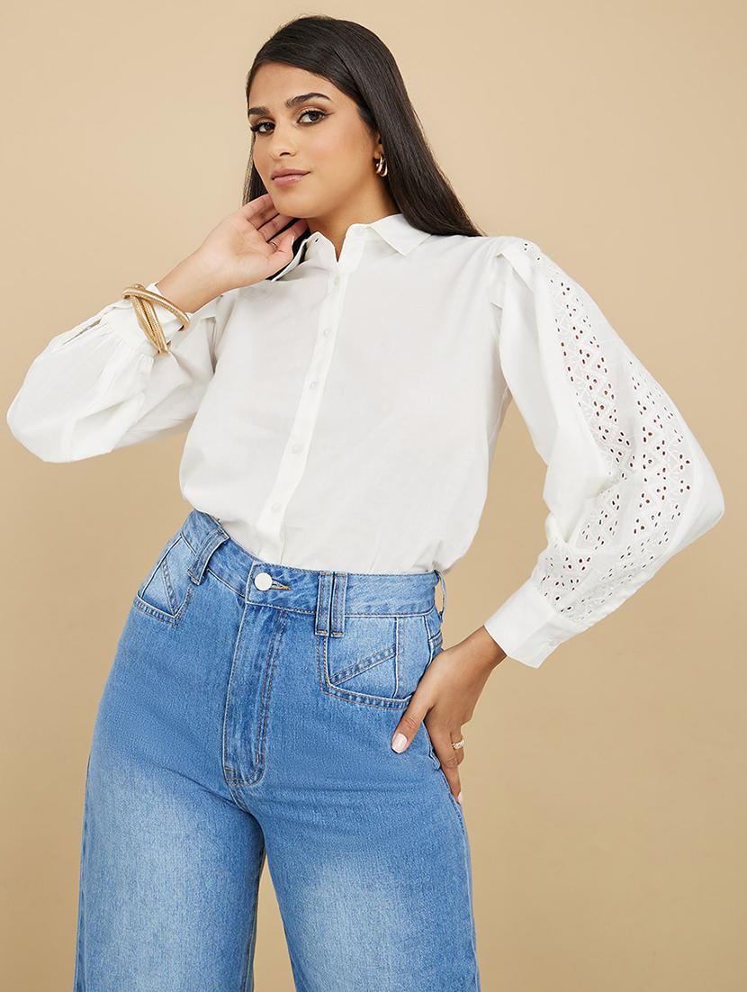 women white solid puff sleeve collared shirt - 21971272 - Standard Image - 2