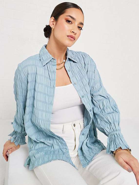 women self designed collared long sleeve shirt