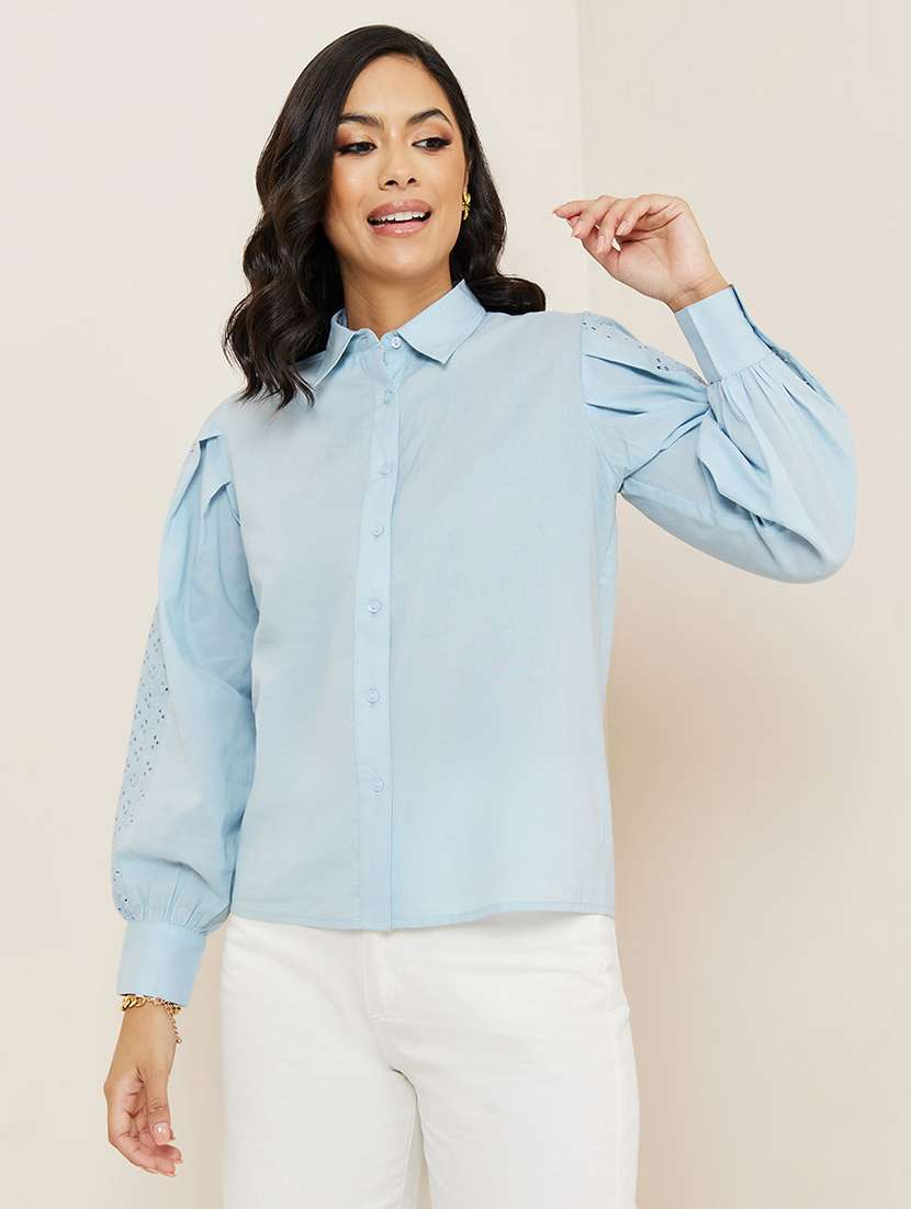women solid collared puff sleeve schiffli detailed shirt