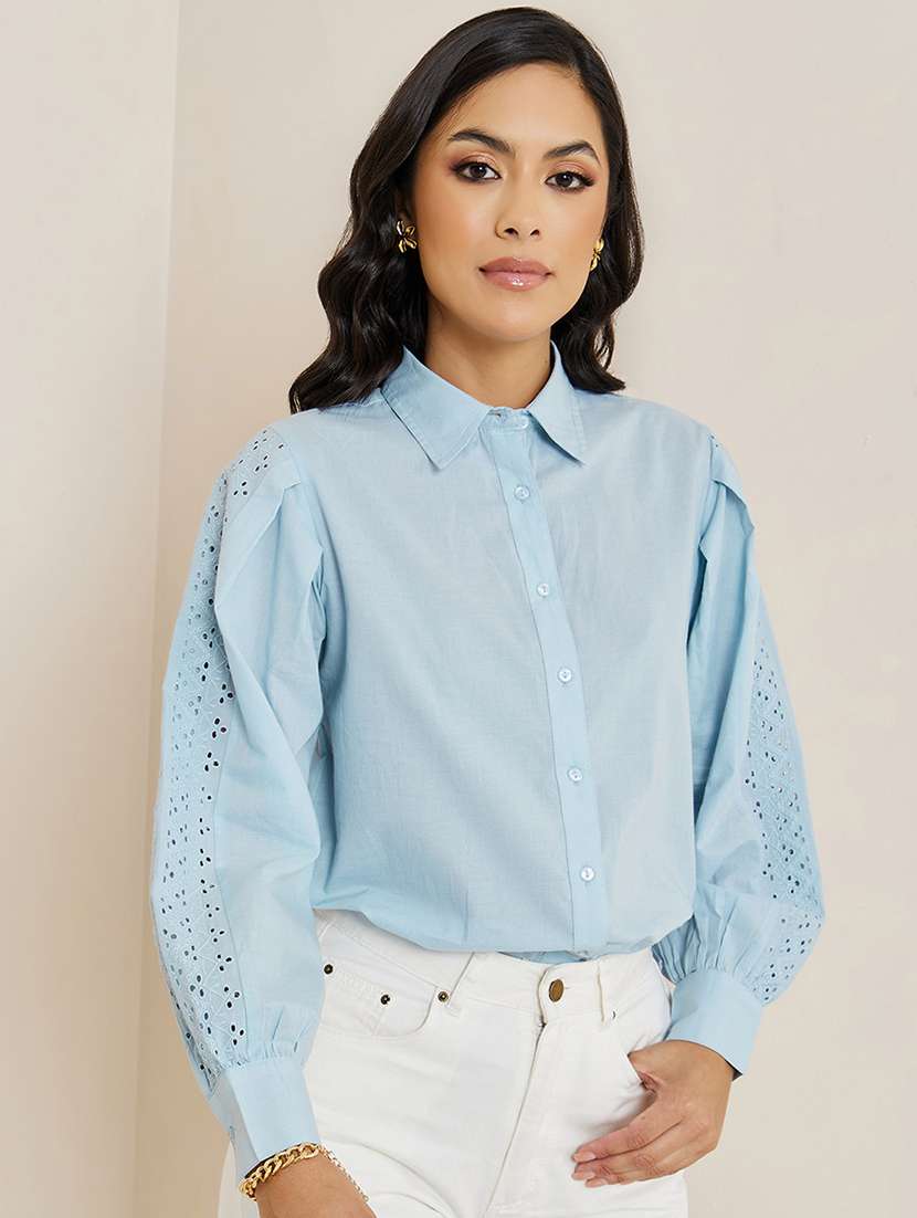 women solid collared puff sleeve schiffli detailed shirt - 21971275 -  Standard Image - 2