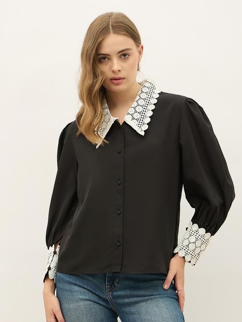 women solid peter pan collar puff sleeve shirt - 21971280 - Standard Image - 0