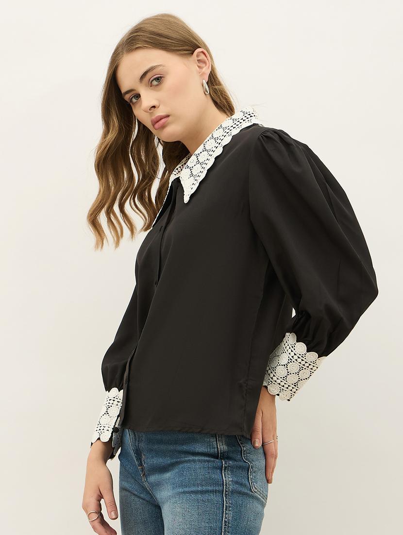 women solid peter pan collar puff sleeve shirt - 21971280 - Standard Image - 2