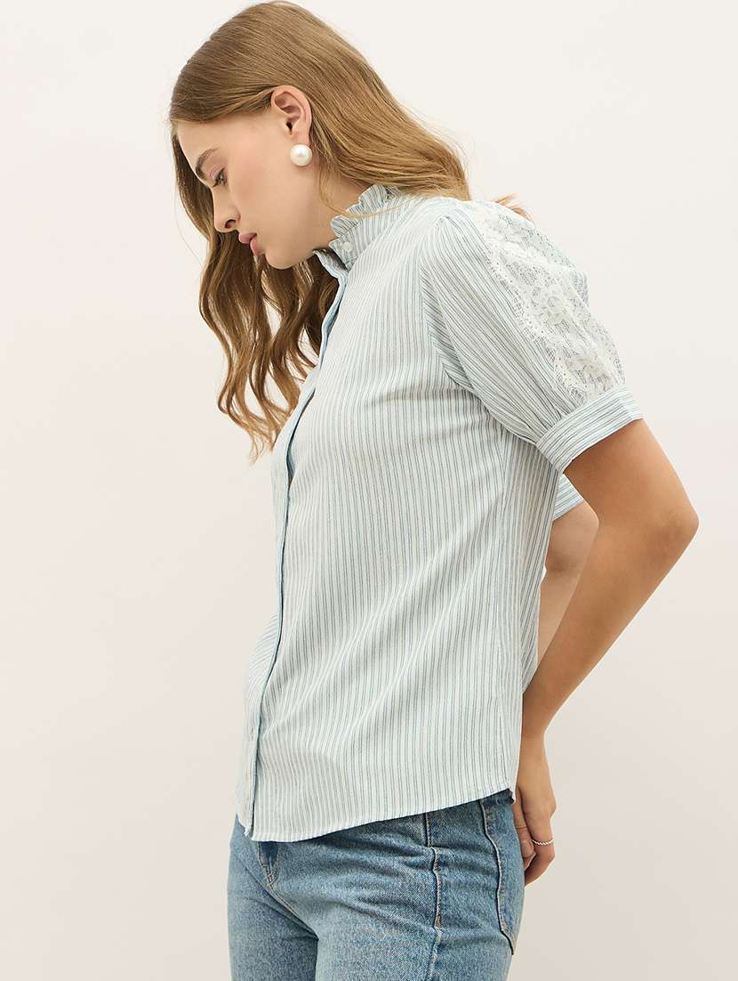 women striped mandarin neck puff sleeve shirt - 21971281 -  Standard Image - 2