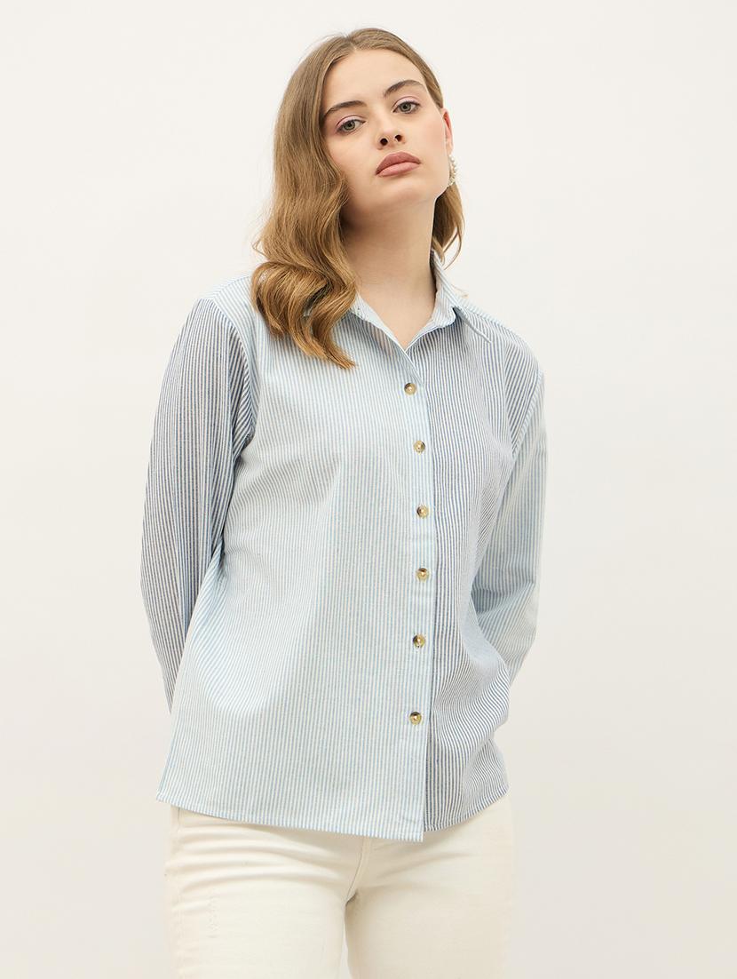 women striped collared long sleeve shirt - 21971282 - Standard Image - 2