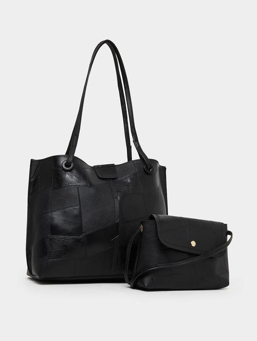 women textured black pu shoulder bag set - 21971295 -  Standard Image - 0