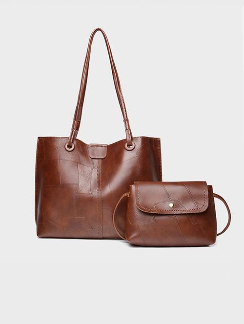 brown textured pu shoulder bag set - 21971296 -  Standard Image - 0