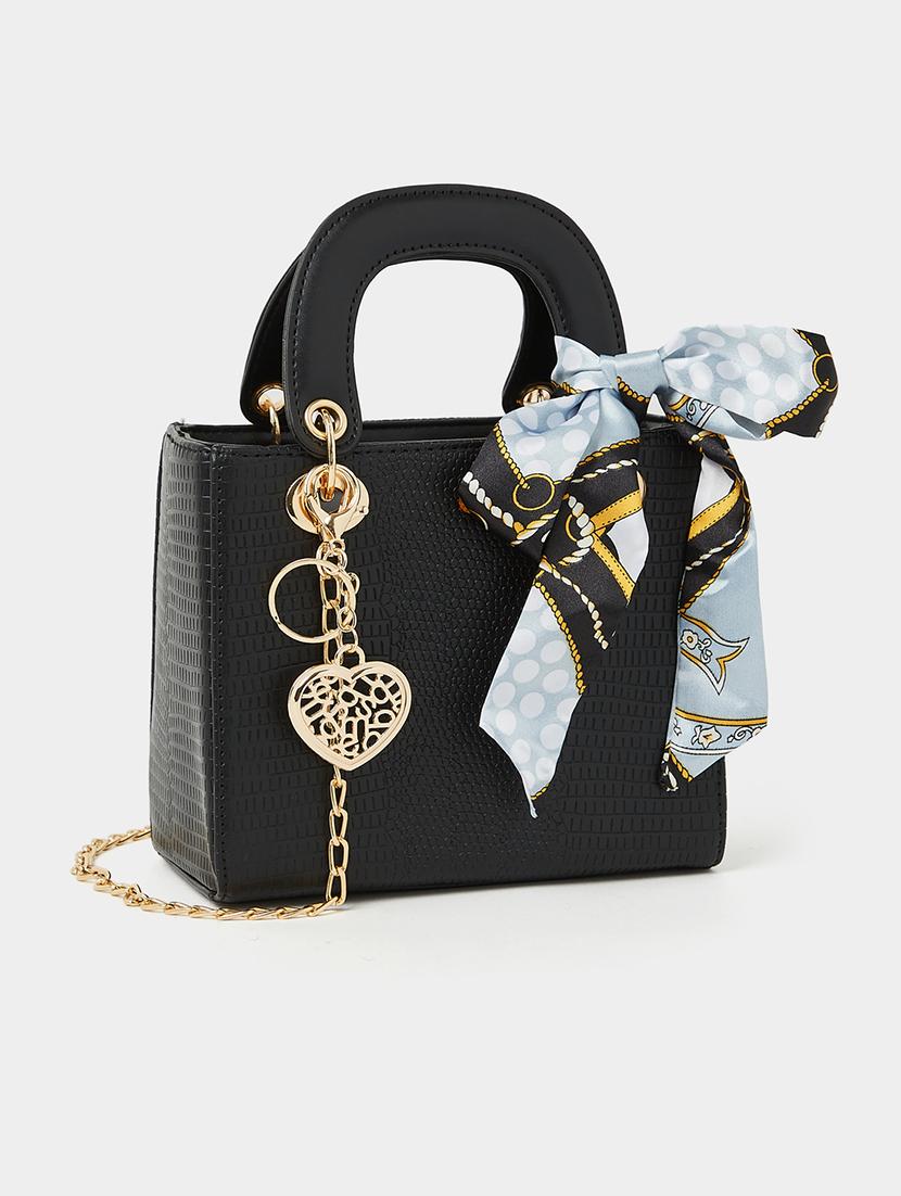 black textured pu satchel handbag with charms - 21971385 -  Zoom Image - 0
