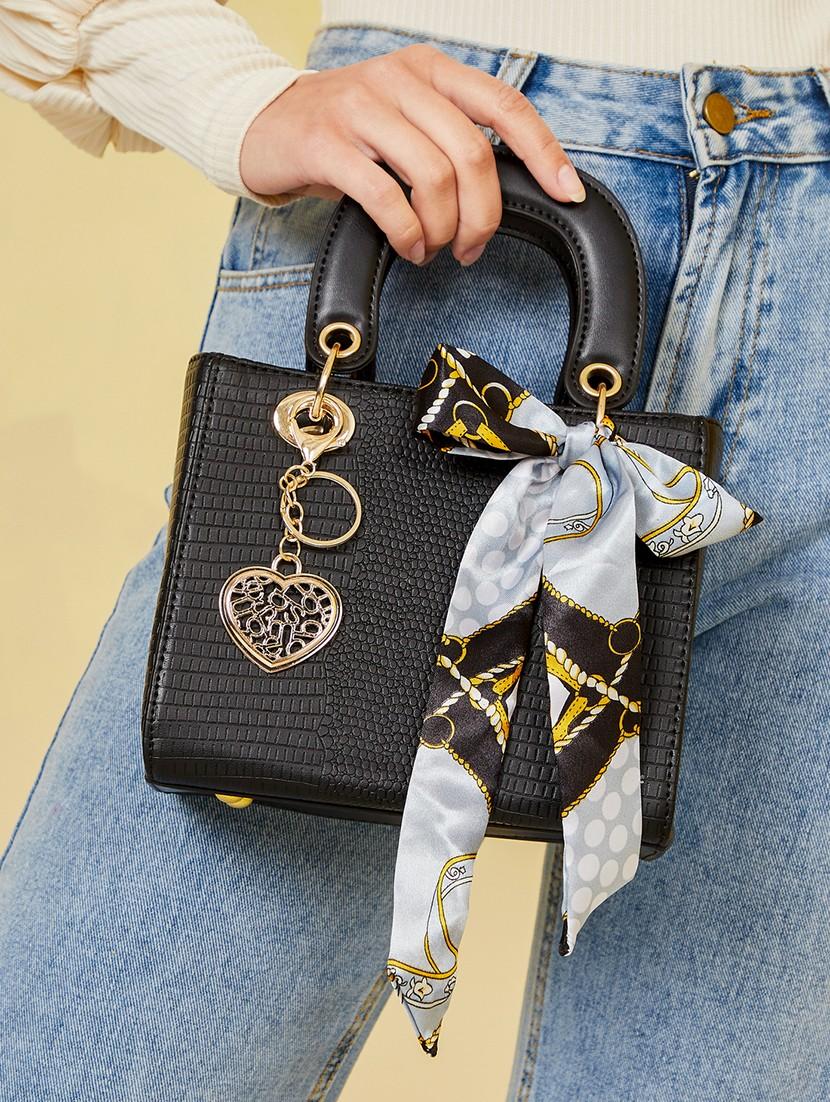 black textured pu satchel handbag with charms - 21971385 - Standard Image - 2
