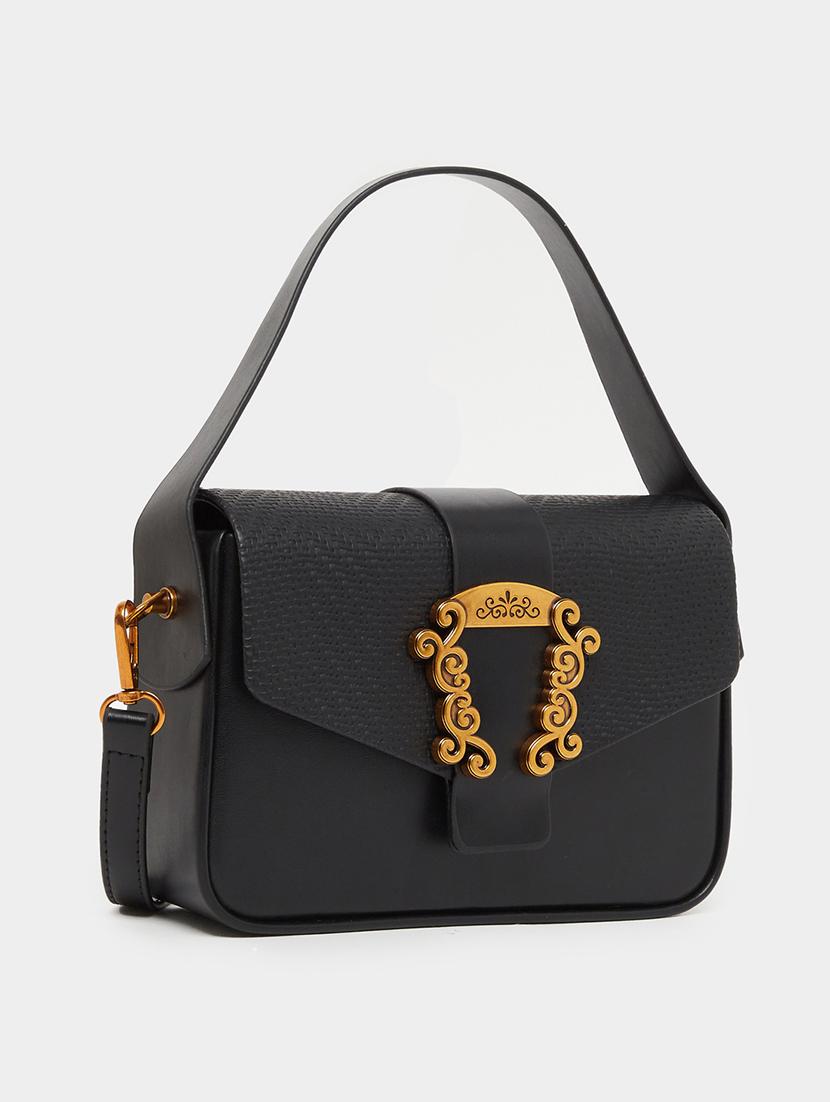 textured black pu handbag with buckle - 21971407 - Standard Image - 2