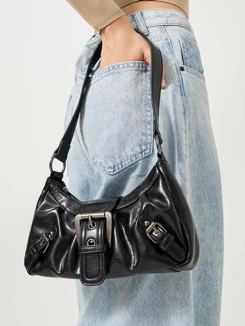 women black pu textured handbag - 21971408 - Standard Image - 2