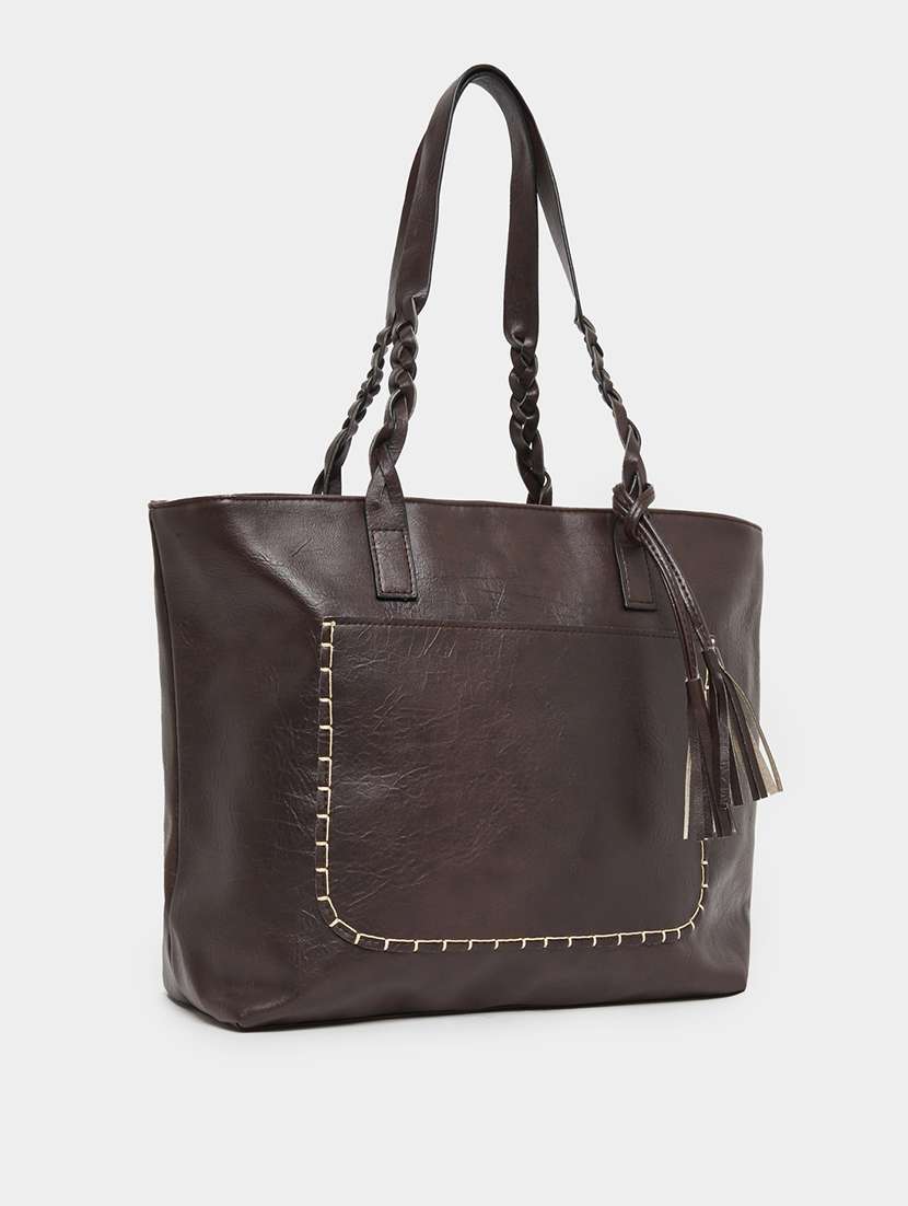 brown pu leather tote bag with tassel