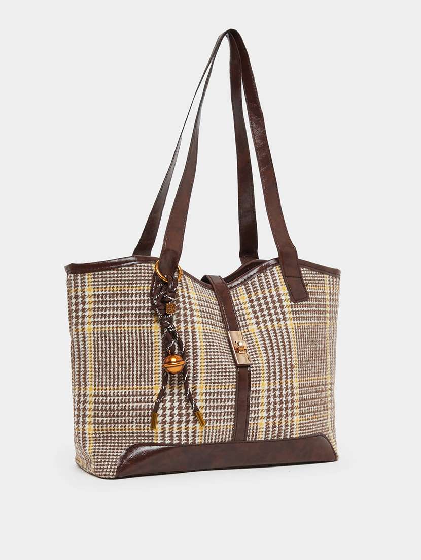 check pattern leather brown color tote bag