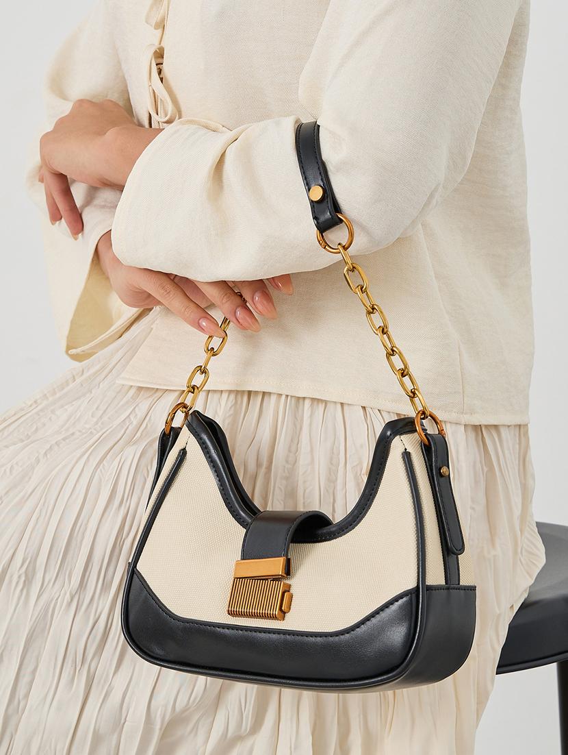 colorblocked pu handbag with chain detail - 21971477 - Standard Image - 2