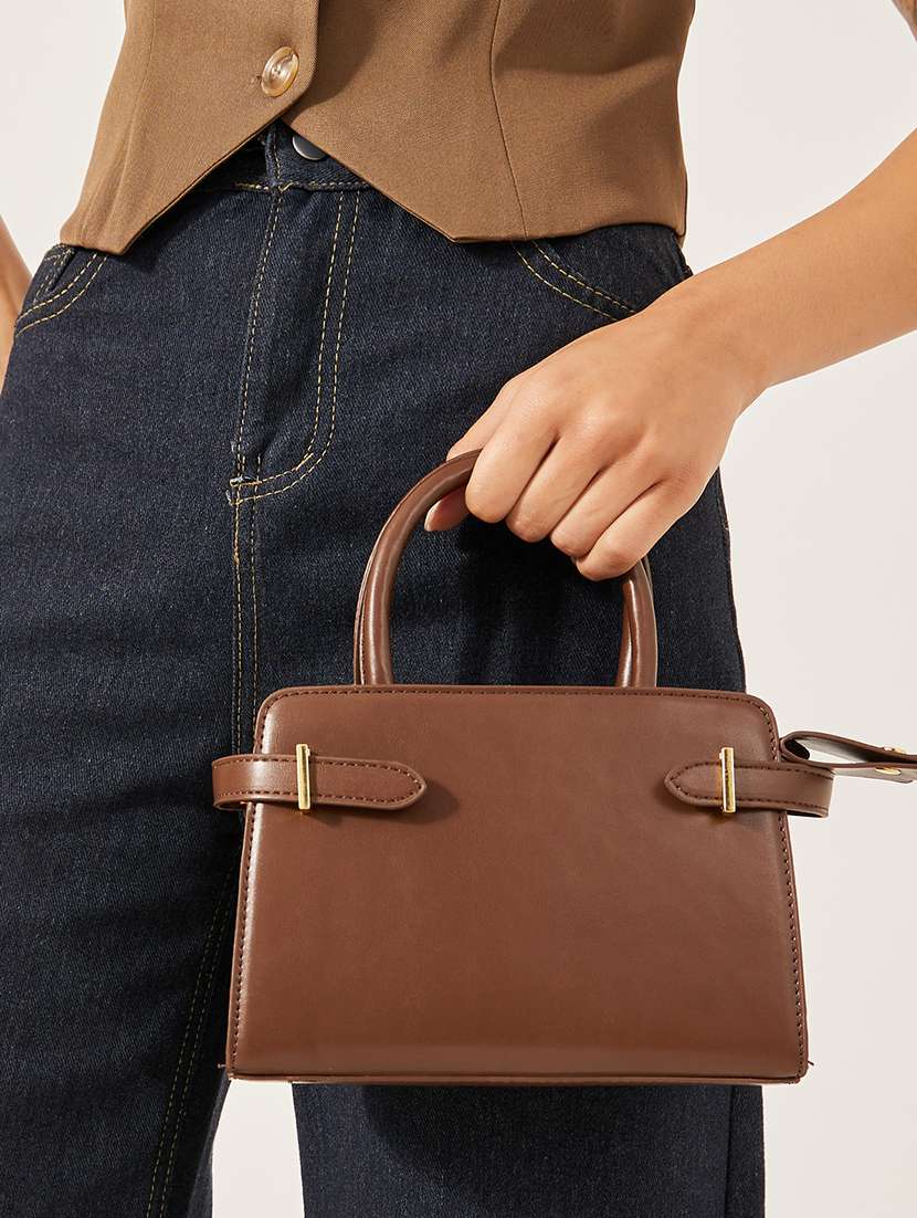 solid brown pu leather handbag - 21971490 - Standard Image - 2